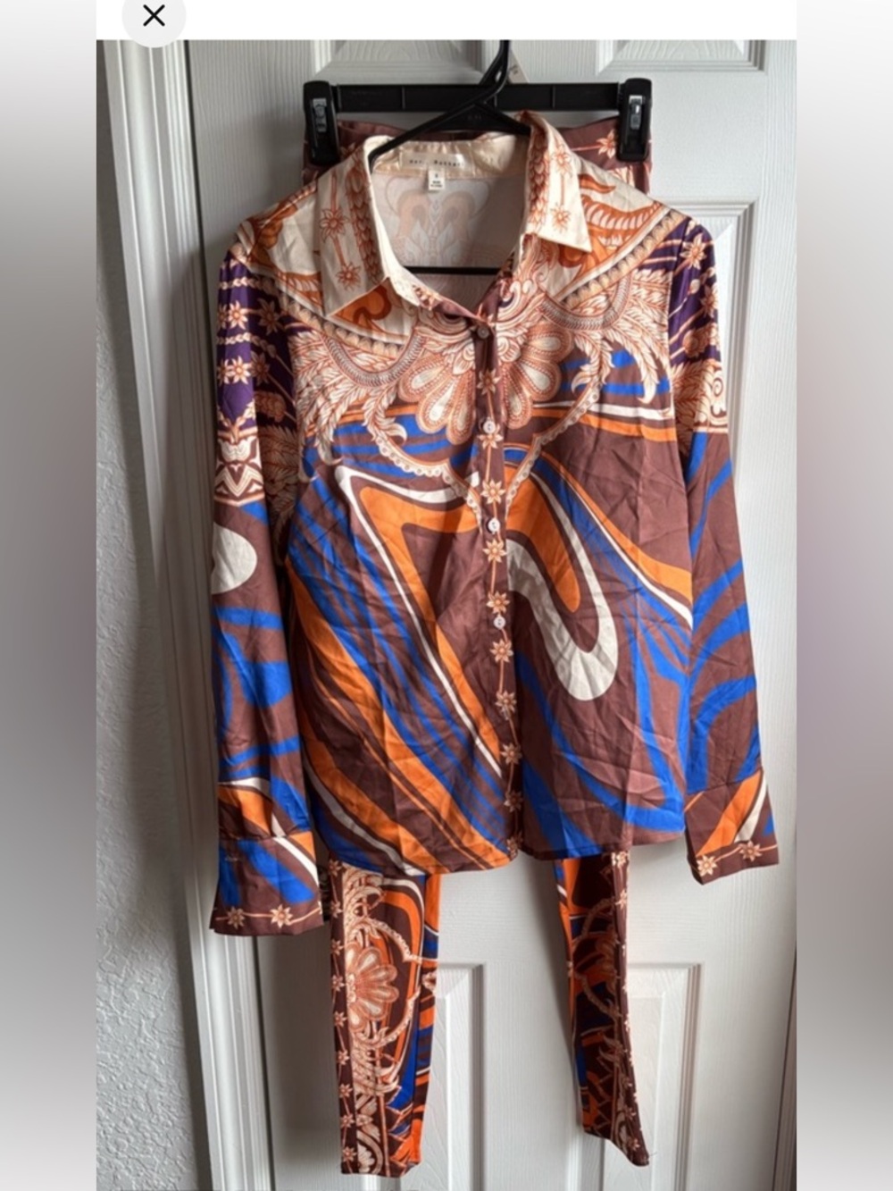 Retro Printed Button-Up Shirt and Pants Set - Brown, Blue & Orange